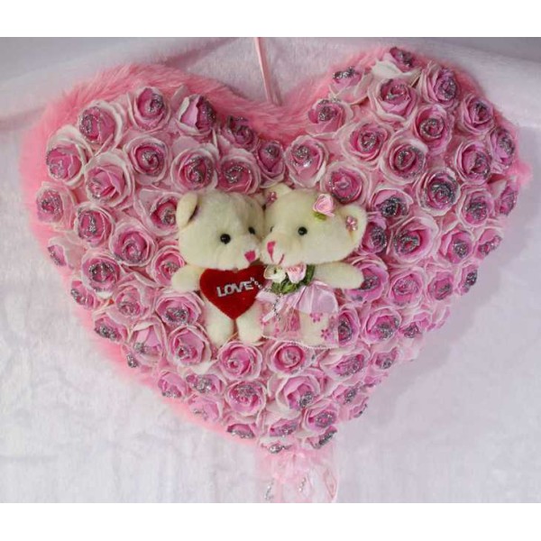 Pink Imported Roses Plush Heart with Cute Love Couple Teddy Bears